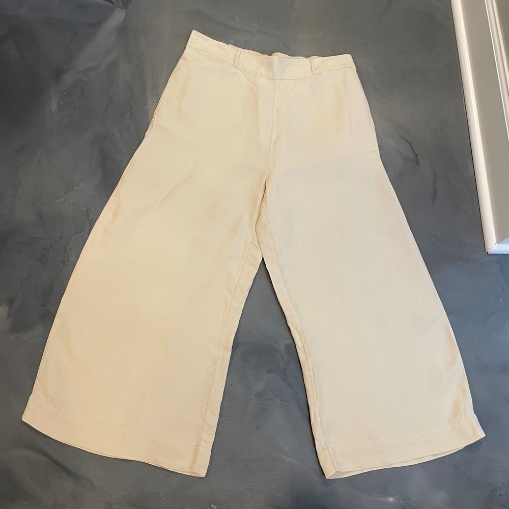 Halston Womens XL Beige Linen Blend Wide Leg Cropped Pants Pull On Lagenlook‎
